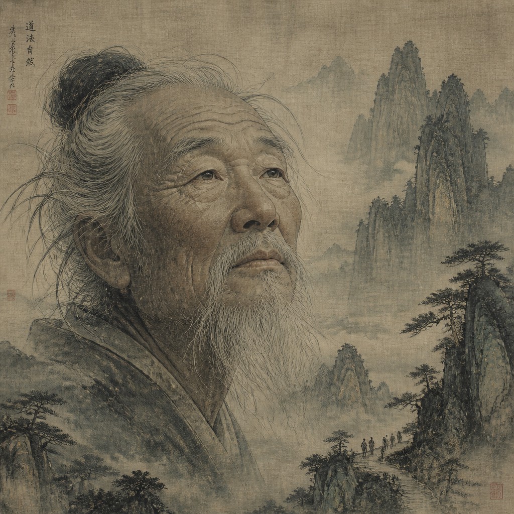 close-up portrait of an elderly person with expressive weathered features — Song Dynasty Ink Painting Style