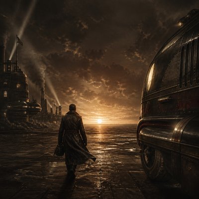 a solitary figure walking toward a glowing horizon across an empty plain, moody atmosphere, no text or lettering