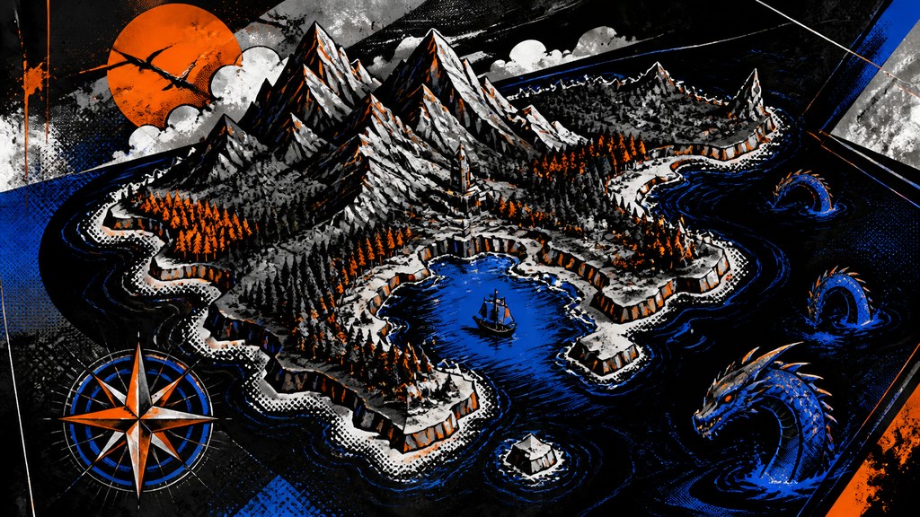 a map of an island realm with mountains, forests, a sheltered bay, sea monsters in the water and a compass rose, no text labels