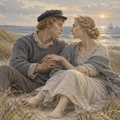 a painting of two people sitting on a beach