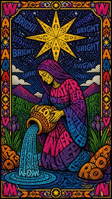 a robed figure pouring water beneath a large eight-pointed star in a night sky, symmetrical composition with an ornate decorative border, no text