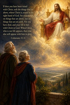 show older woman and older man man both standing and seeing Jesus in the upper right side on his throne looking at them, use quote from the Scripture verse “If then you have been raised with Christ, seek the things that are above, where Christ is, seated at the right hand of God. Set your minds on things that are above, not on things that are on earth. For you have died, and your life is hid with Christ in God. When Christ who is our life appears, then you also will appear with him in glory.” 
– Colossians 3:1-4 
