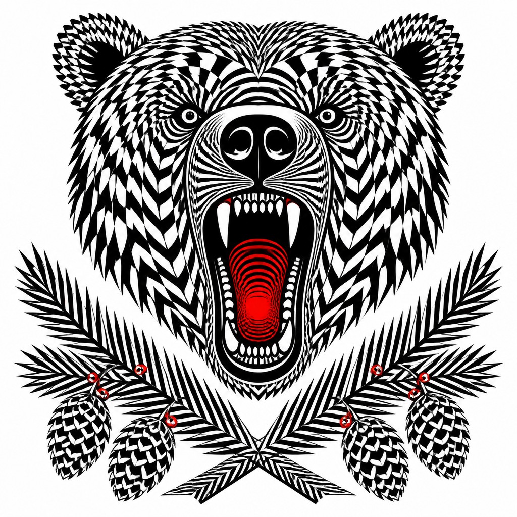 a roaring bear head above crossed pine branches, bold graphic composition on a plain background, no text