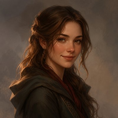 head-and-shoulders portrait of an original character: a young woman with wavy chestnut hair and a warm smile, plain soft backdrop
