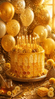 a birthday cake with lit candles surrounded by balloons and confetti, festive vertical composition, no text