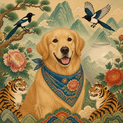 portrait of a golden retriever wearing a blue bandana, warm plain backdrop, no text