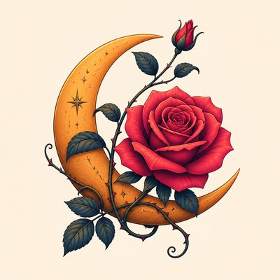 a rose entwined with a crescent moon, clean balanced composition on a plain background, no text