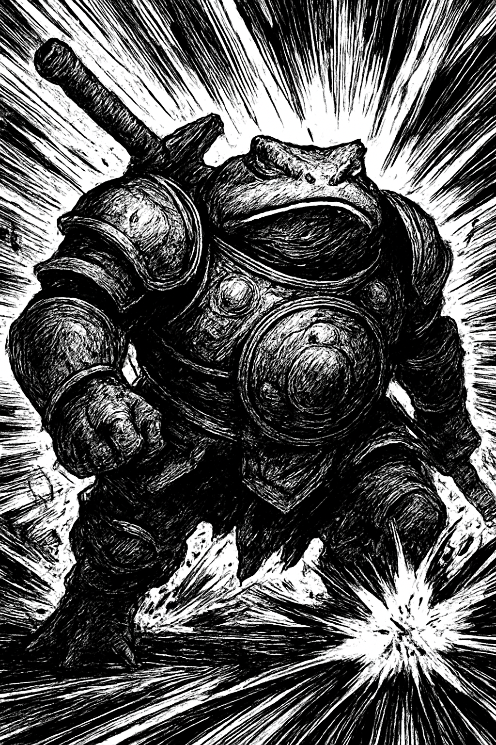 a black and white drawing of a man in armor