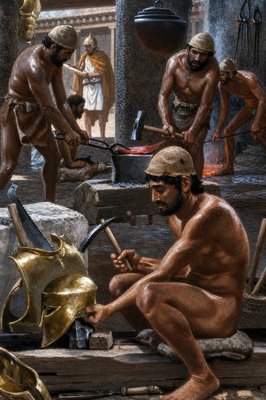 a painting of a man working on a piece of art