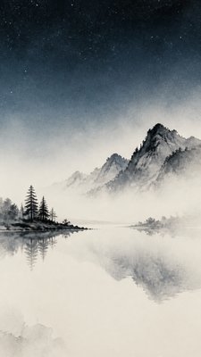 a tranquil mountain lake beneath a starry night sky, no people, no text