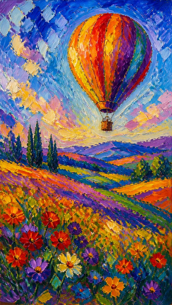 a hot air balloon drifting over rolling flower fields on a sunny day, cheerful, no text