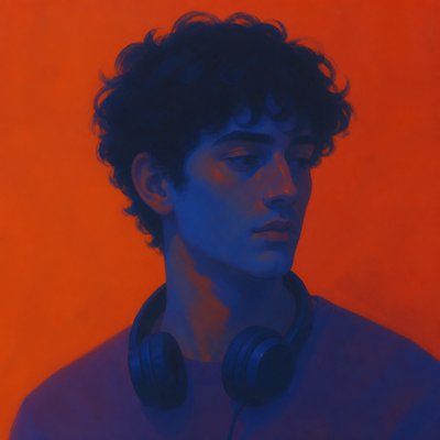 head-and-shoulders portrait of an original character: a young man with curly dark hair and headphones around his neck, plain backdrop, no text