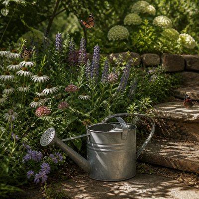 a garden scene with butterflies, flowers and a watering can, clean uncolored line art, no text