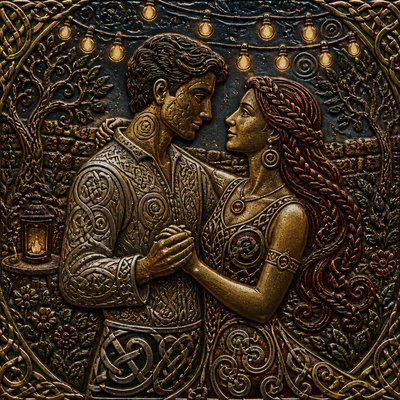 an original couple dancing under string lights in a garden at dusk: a man with short black hair in a linen shirt and a woman with braided red hair in a summer dress