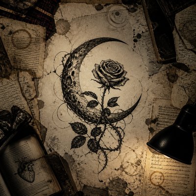 a rose entwined with a crescent moon, clean balanced composition on a plain background, no text
