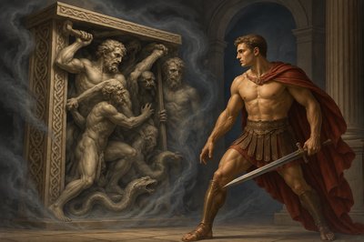 a painting of a man holding a sword next to a statue