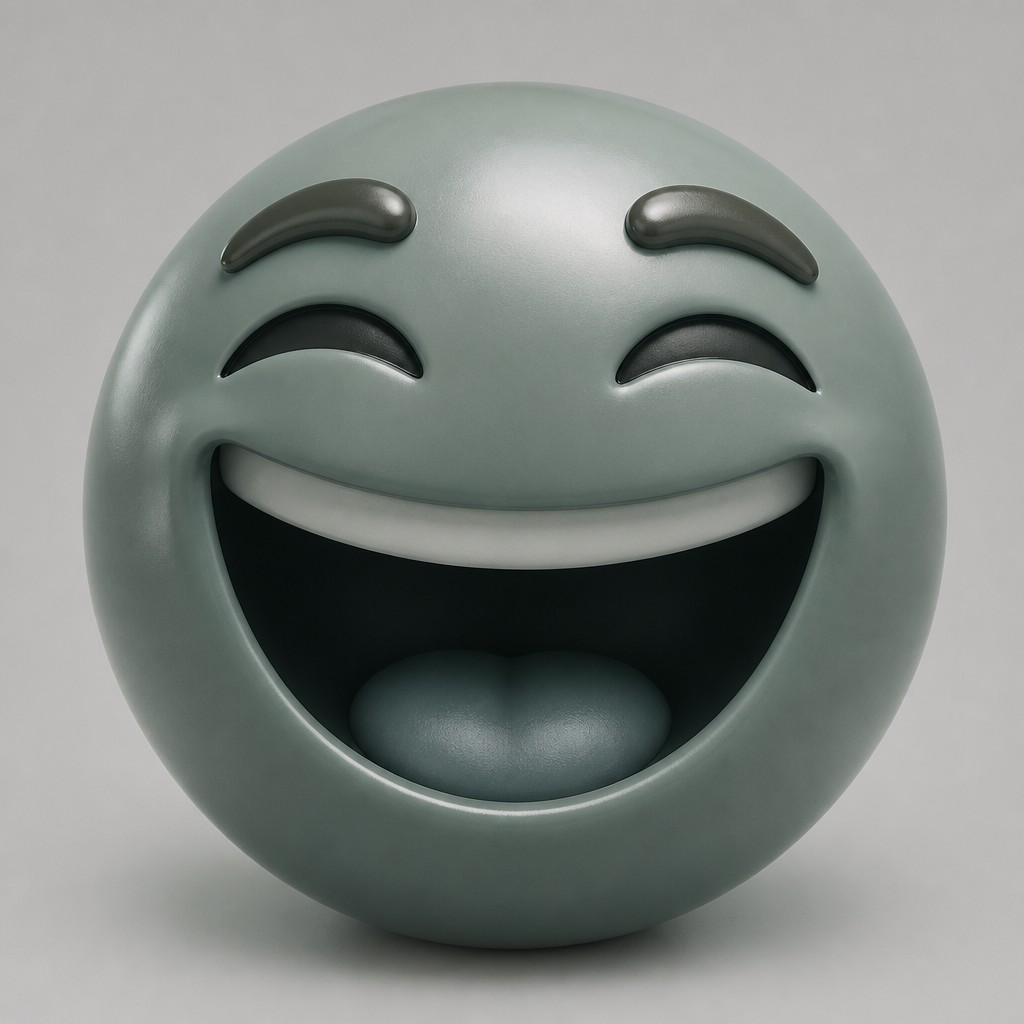 an exaggerated laughing face of an original round mascot character, bold and readable at small size, plain background, no text