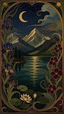 a tranquil mountain lake beneath a starry night sky, no people, no text