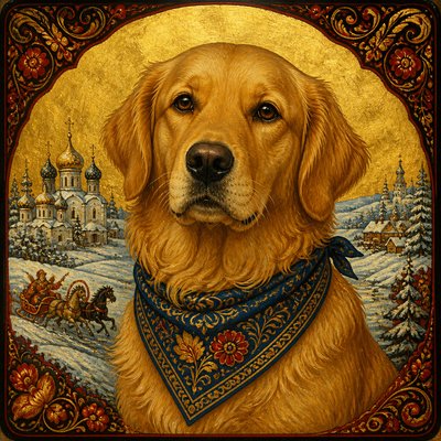 portrait of a golden retriever wearing a blue bandana, warm plain backdrop, no text