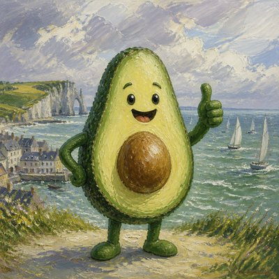 a happy avocado character giving a thumbs up, bold readable design on a plain background, no text