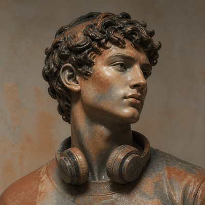 head-and-shoulders portrait of an original character: a young man with curly dark hair and headphones around his neck, plain backdrop, no text