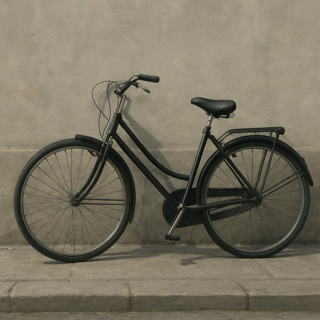 bicyle resting against a wall