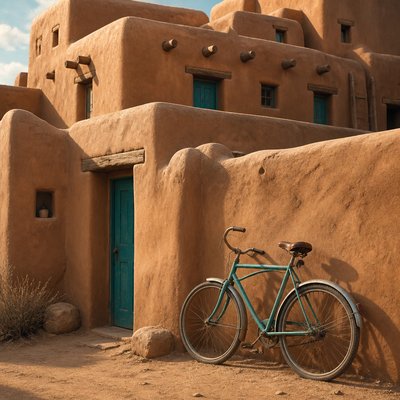 bicyle resting against a wall — Adobe Pueblo Architecture
