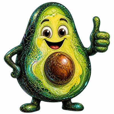 a happy avocado character giving a thumbs up, bold readable design on a plain background, no text