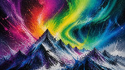 a flowing aurora over snowy peaks, wide sweeping composition, no people, no text