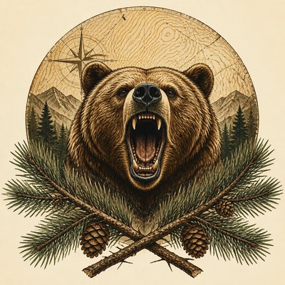 a roaring bear head above crossed pine branches, bold graphic composition on a plain background, no text