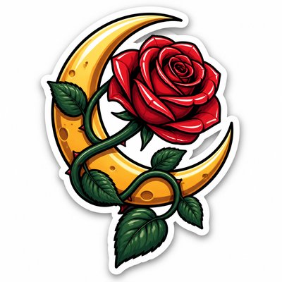 a rose entwined with a crescent moon, clean balanced composition on a plain background, no text