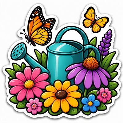 a garden scene with butterflies, flowers and a watering can, clean uncolored line art, no text