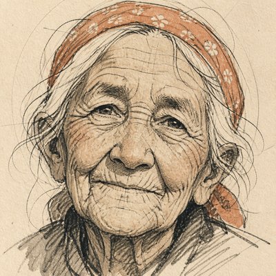 close-up portrait of an elderly person with expressive weathered features