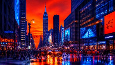 bustling city street panorama at dusk