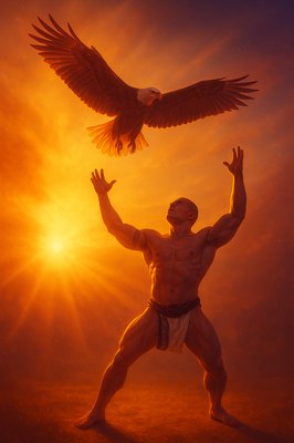 a man standing in a field with a bird on his arm