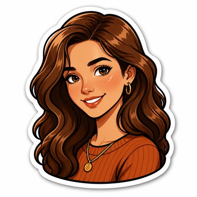 head-and-shoulders portrait of an original character: a young woman with wavy chestnut hair and a warm smile, plain soft backdrop