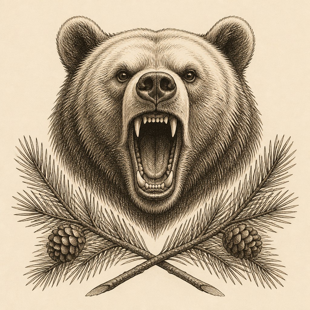 a roaring bear head above crossed pine branches, bold graphic composition on a plain background, no text