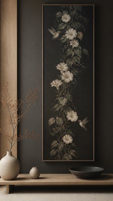 a climbing vine of flowers and hummingbirds on a dark background, tall wrapping composition, no text