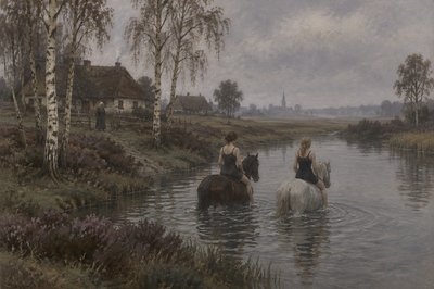 two swimmers ride their horses to bathe in the river