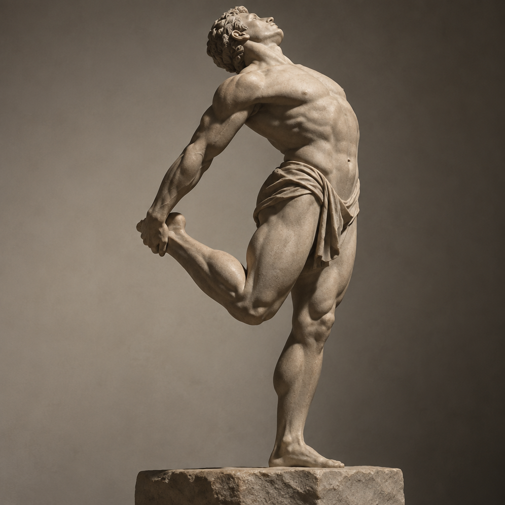 ancient greek athlete bending his leg and foot and stretching his torso backward