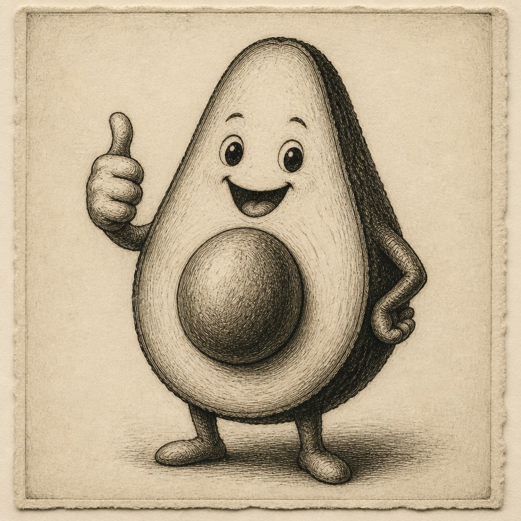 a happy avocado character giving a thumbs up, bold readable design on a plain background, no text