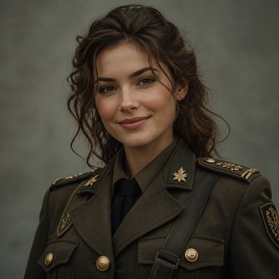 head-and-shoulders portrait of an original character: a young woman with wavy chestnut hair and a warm smile, plain soft backdrop