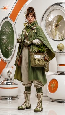 full-body original character: a wandering botanist with a satchel of plants, a patched green cloak, tall boots and round glasses, neutral background