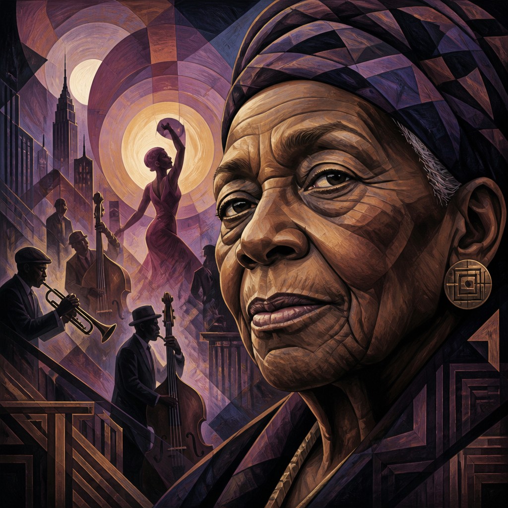 close-up portrait of an elderly person with expressive weathered features — Harlem Renaissance Art Style