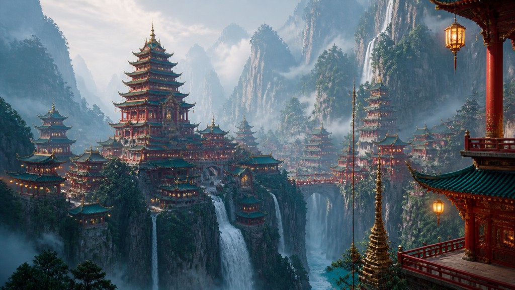 a cliffside city with waterfalls cascading into a misty canyon, wide establishing shot, no people, no text