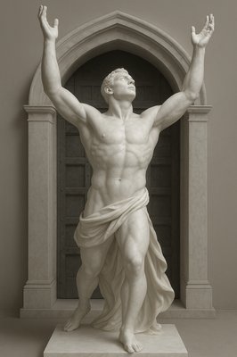 a statue of a man holding his hands up