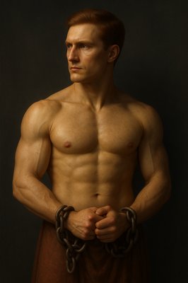 a painting of a shirtless man with a chain around his waist