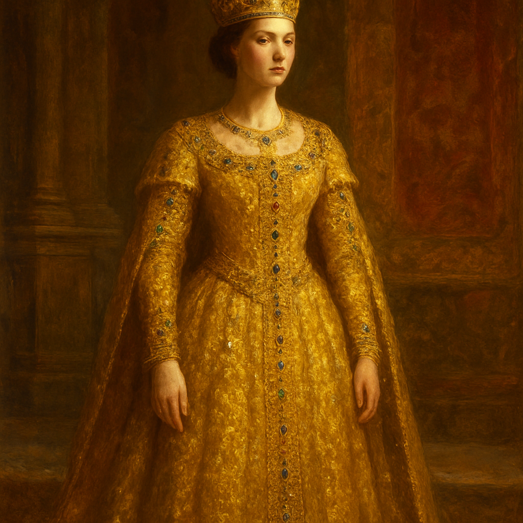Oil Painting Art Style, a breathtakingly majestic and regal portrait of "The Queen in Gold of Ophir," inspired by Psalm 45. The Queen stands with impeccable grace and royal dignity, her posture radiating quiet power. She is adorned in an exquisitely elaborate gown woven entirely from the finest, purest gold of Ophir, shimmering with incredible richness. Her attire is intricately embellished with countless precious jewels—sapphires, rubies, and emeralds—each catching the light. A delicate yet regal golden crown rests upon her head, complementing her serene and noble expression. The setting is a grand, opulent royal palace chamber, with rich tapestries and polished marble, bathed in warm, golden, ambient light that dramatically illuminates her and her lavish garments. Focus on the unparalleled brilliance and texture of her golden gown, the sparkle of her jewels, her majestic presence, and the luxurious, sacred atmosphere befitting a queen in God's presence.