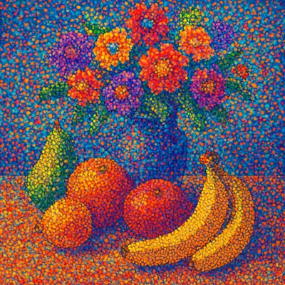 still life arrangement of fruits and flowers