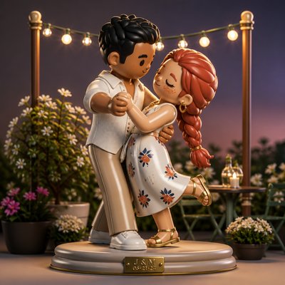 an original couple dancing under string lights in a garden at dusk: a man with short black hair in a linen shirt and a woman with braided red hair in a summer dress